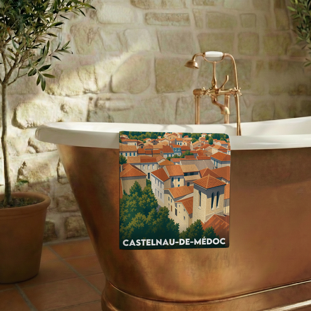Serviette de bain souvenir de la ville de Castelnau-de-Médoc avec une illustration stylisée.