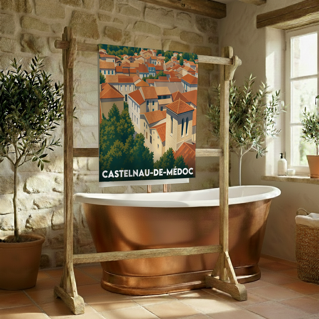 Serviette de bain souvenir de la ville de Castelnau-de-Médoc avec une illustration stylisée.