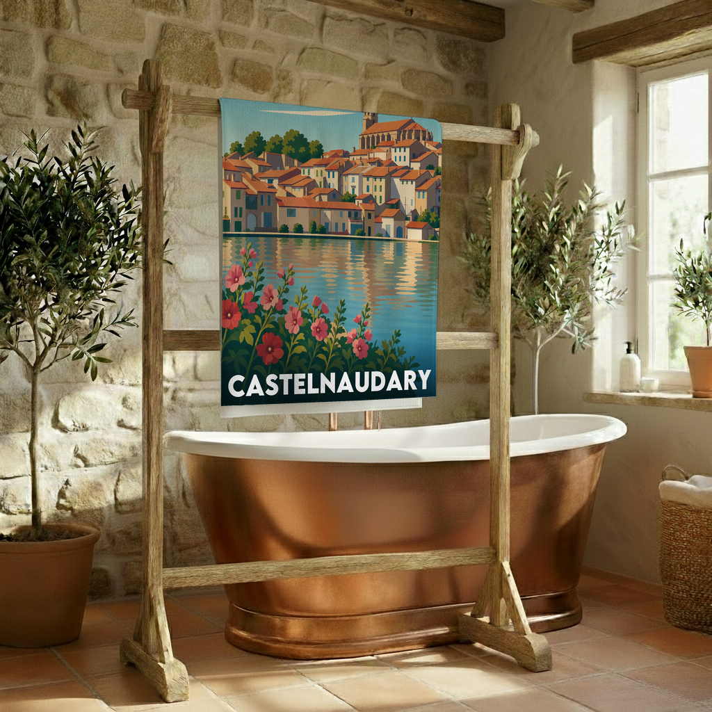 Serviette de bain souvenir de la ville de Castelnaudary avec une illustration stylisée.