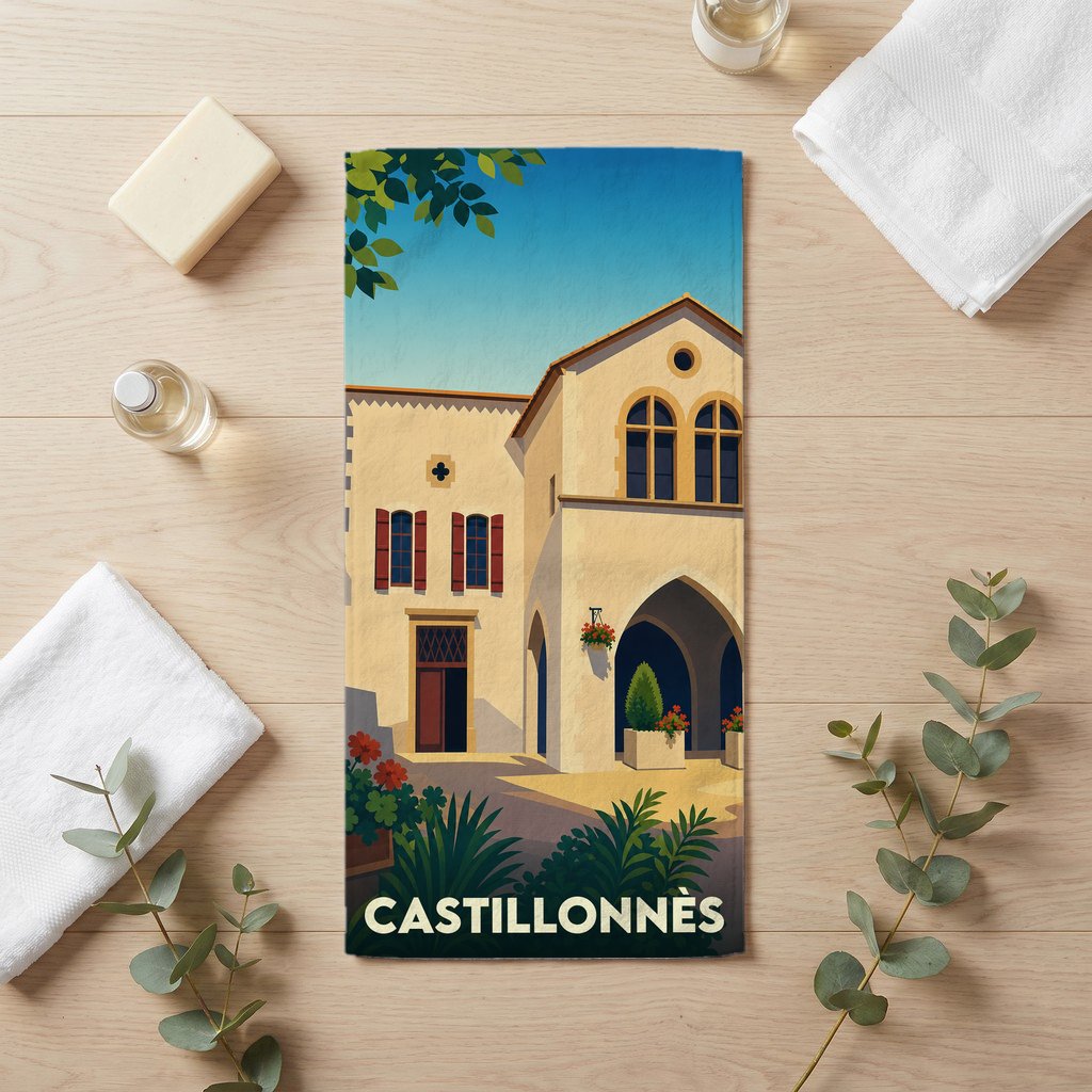 Serviette de bain souvenir de la ville de Castillonnès avec une illustration stylisée.