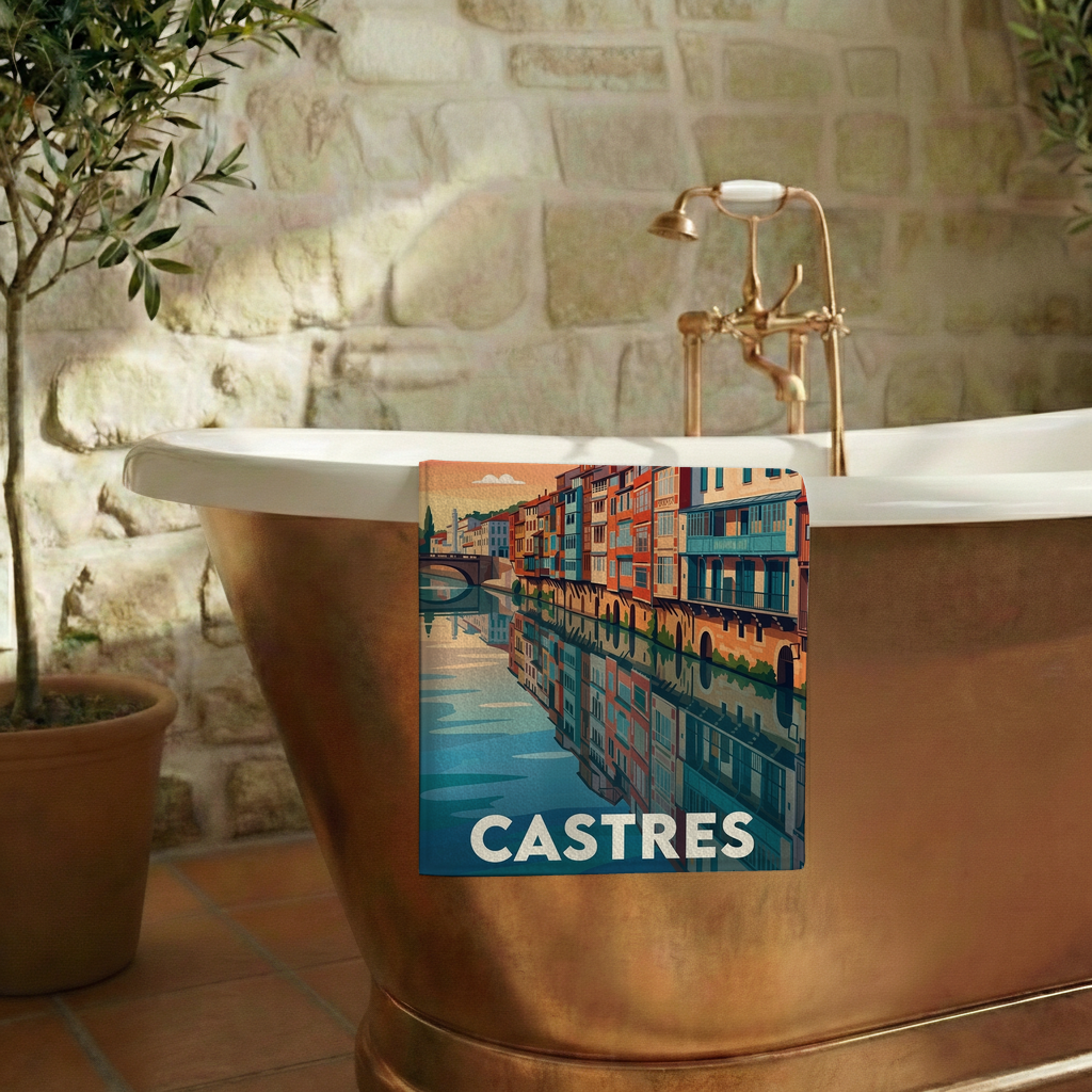 Serviette de bain souvenir de la ville de Castres avec une illustration stylisée de ses maisons colorées au bord de l'eau.