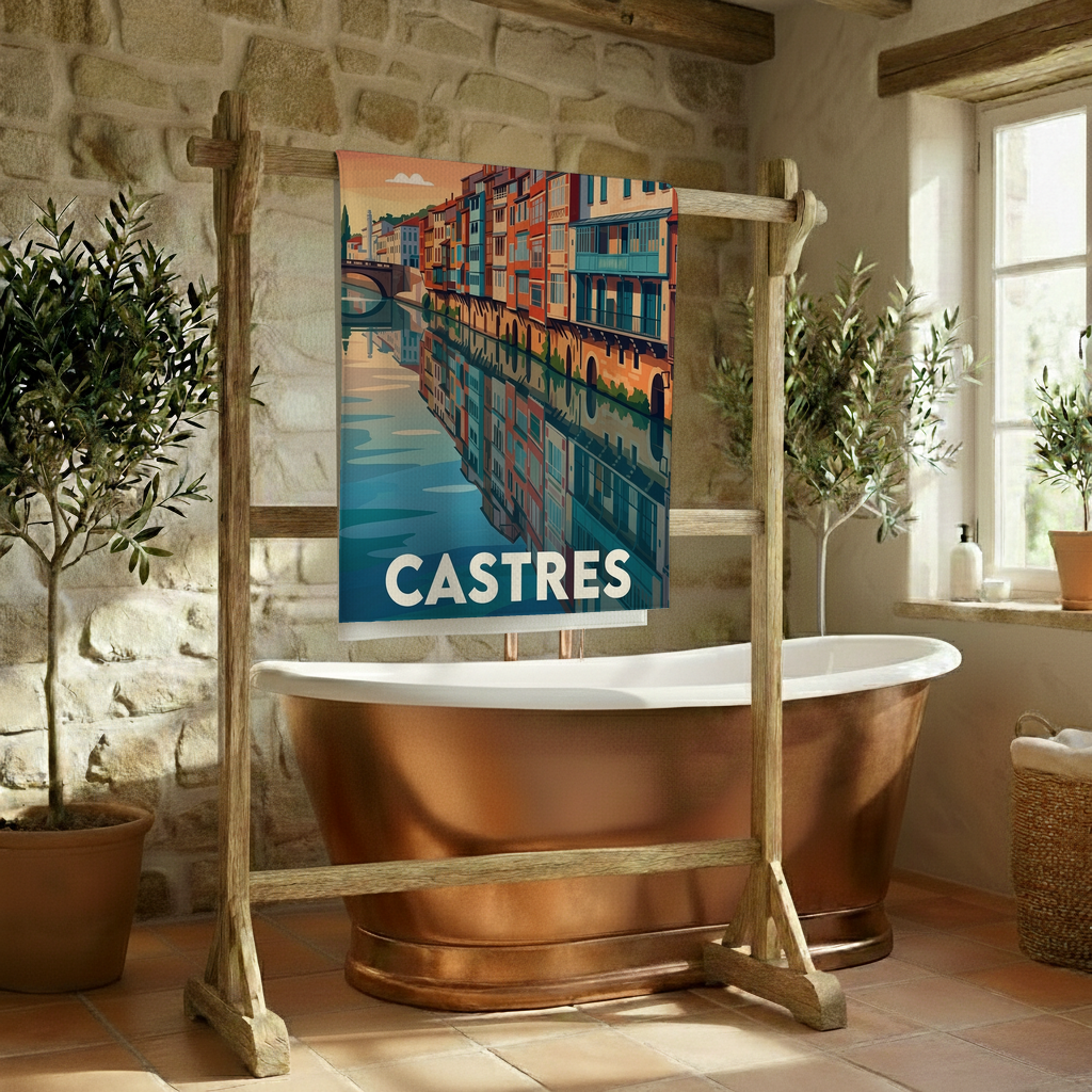 Serviette de bain souvenir de la ville de Castres avec une illustration stylisée de ses façades colorées.