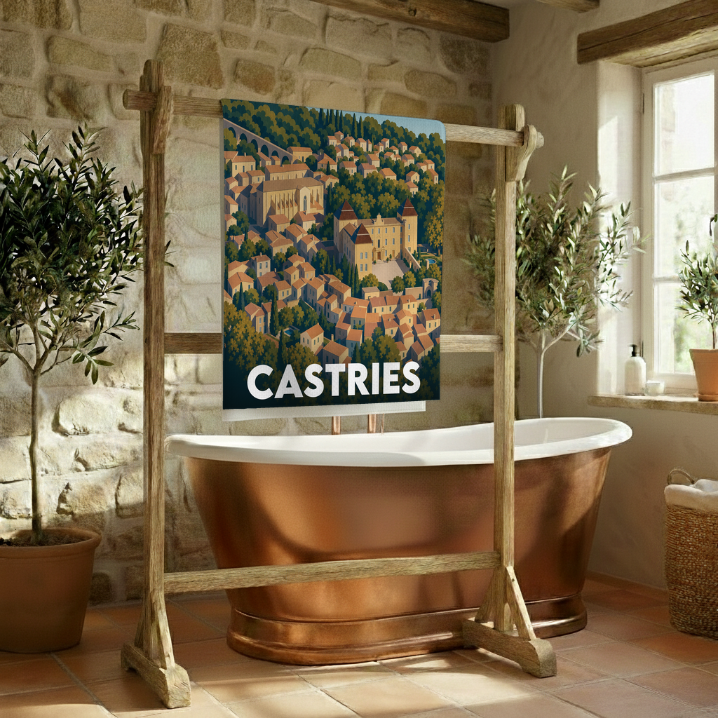 Serviette de bain souvenir de la ville de Castries avec une illustration stylisée.