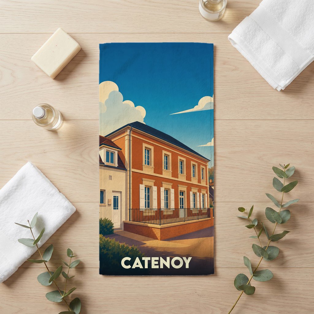 Serviette de bain souvenir de la ville de Catenoy avec une illustration stylisée d'un bâtiment traditionnel.