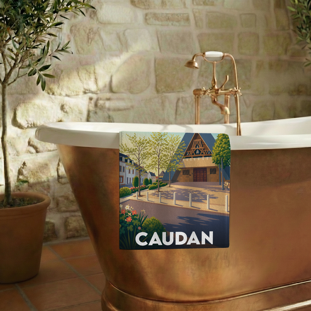 Serviette de bain souvenir de la ville de Caudan avec une illustration stylisée.