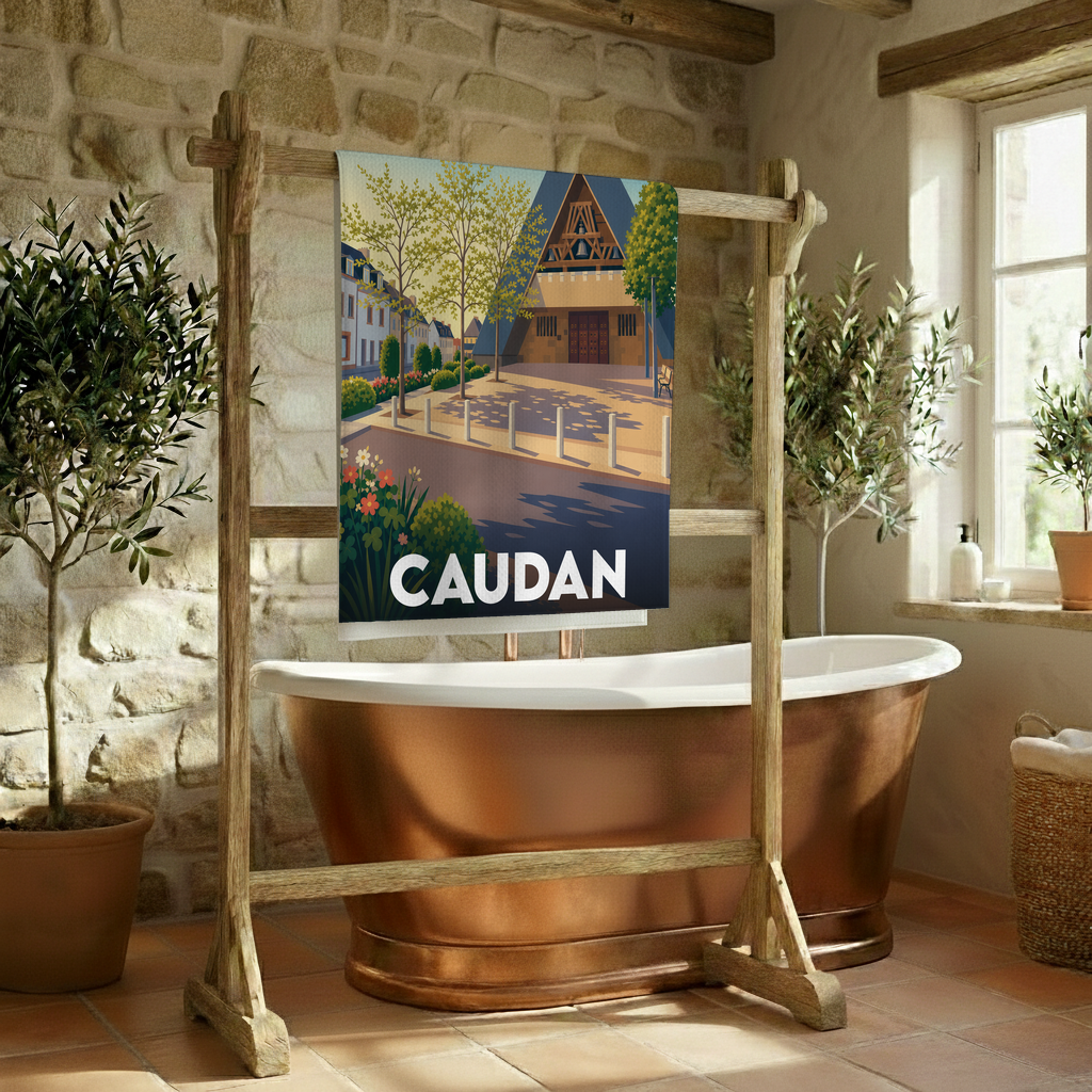Serviette de bain souvenir de la ville de Caudan avec une illustration stylisée.