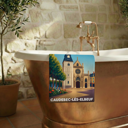 Serviette de bain souvenir de la ville de Caudebec-lès-Elbeuf avec une illustration stylisée de son église.