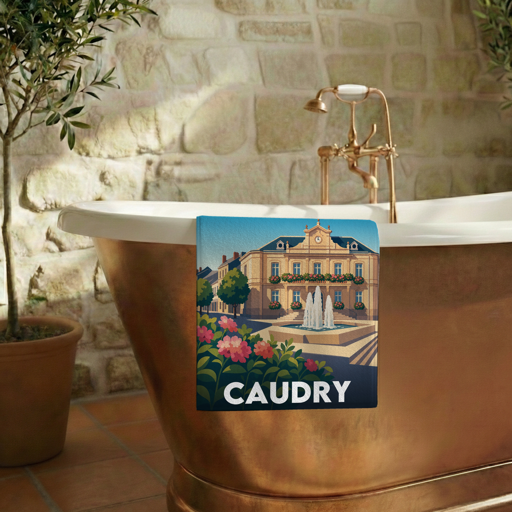 Serviette de bain souvenir de la ville de Caudry avec une illustration stylisée de son hôtel de ville et d'une fontaine.