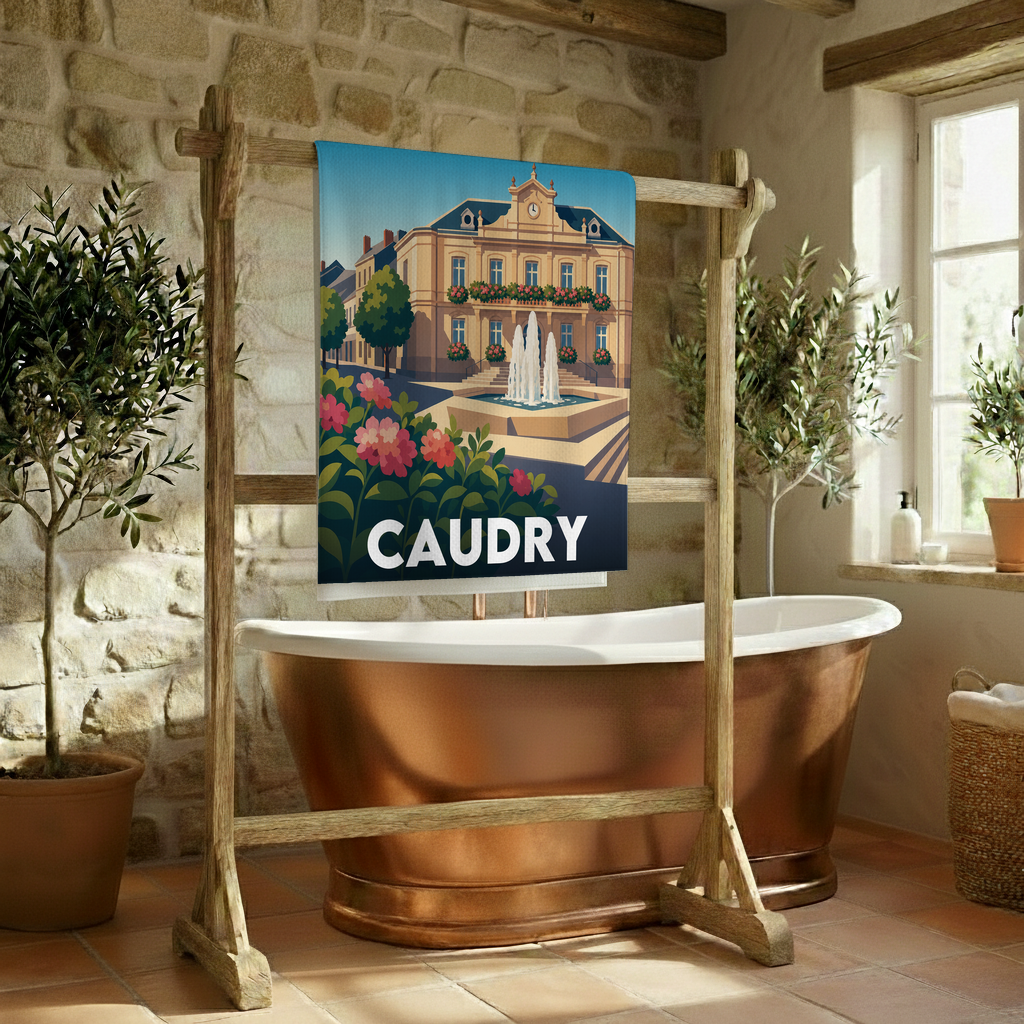 Serviette de bain souvenir de la ville de Caudry avec une illustration stylisée.