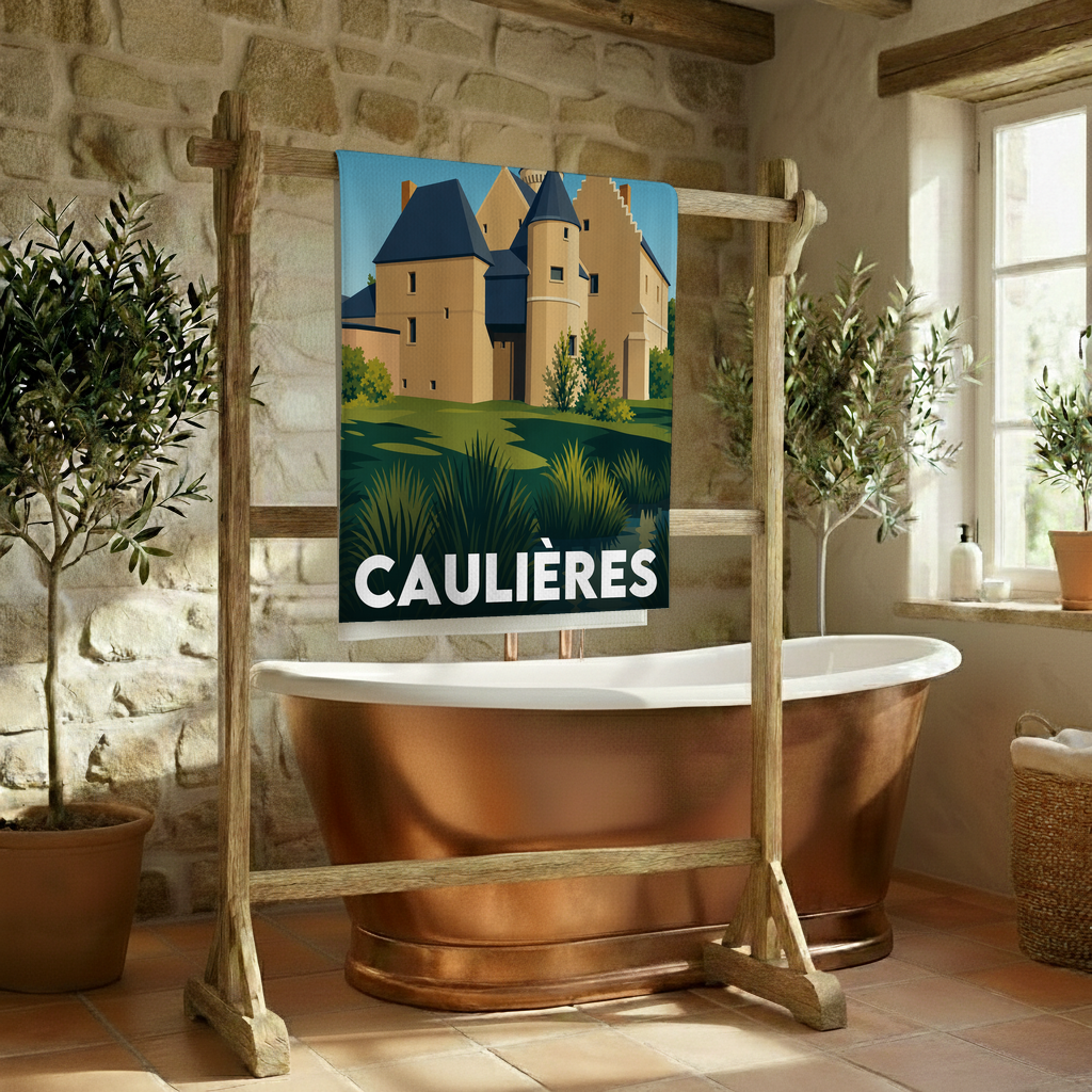Serviette de bain souvenir de la ville de Caulières avec une illustration stylisée.