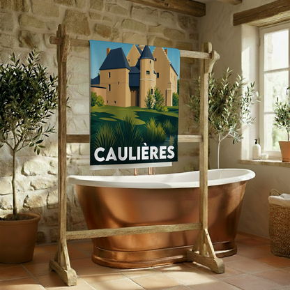 Serviette de bain souvenir de la ville de Caulières avec une illustration stylisée.