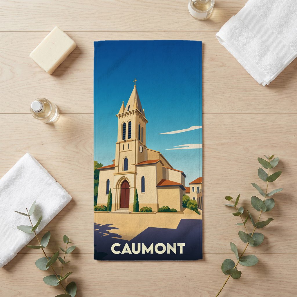 Serviette de bain souvenir de la ville de Caumont avec une illustration stylisée de son église.