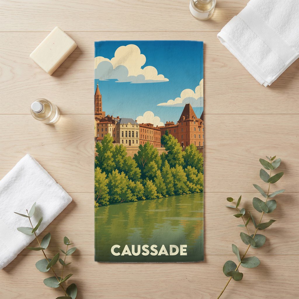 Serviette de bain souvenir de la ville de Caussade avec une illustration stylisée.