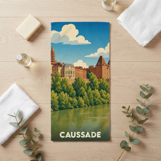 Serviette de bain souvenir de la ville de Caussade avec une illustration stylisée.