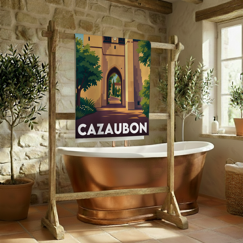 Serviette de bain souvenir de la ville de Cazaubon avec une illustration stylisée de son architecture.