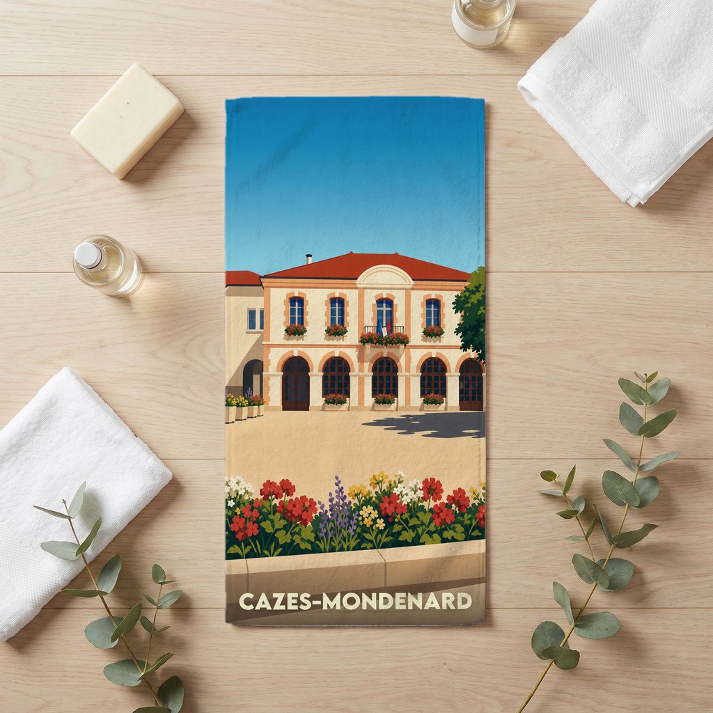 Serviette de bain souvenir de la ville de Cazes-Mondenard avec une illustration stylisée de sa mairie fleurie.
