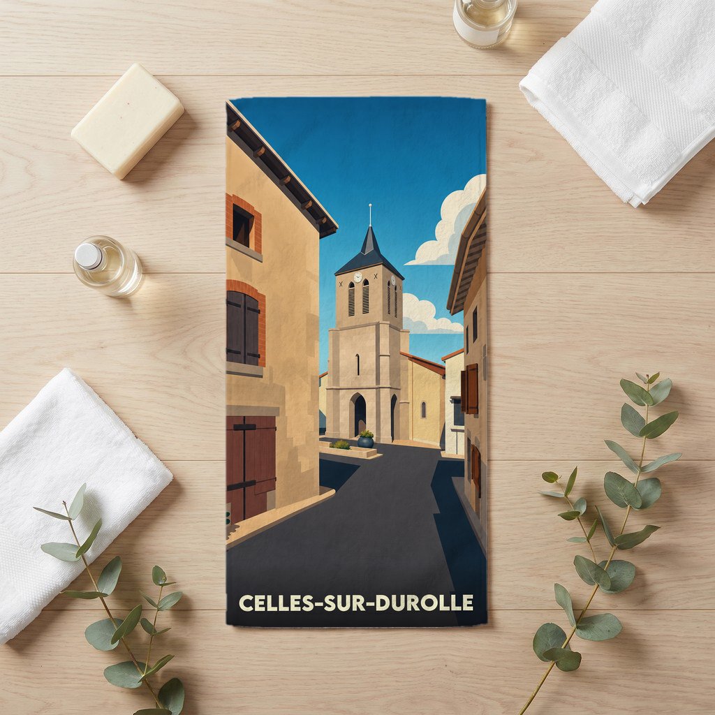 Serviette de bain souvenir de la ville de Celles-sur-Durolle avec une illustration stylisée.