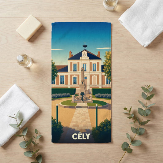 Serviette de bain souvenir de la ville de Cély illustrée par une vue stylisée de sa mairie et de son monument aux morts.