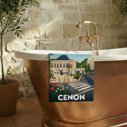 Serviette de bain souvenir de la ville de Cenon avec une illustration stylisée.