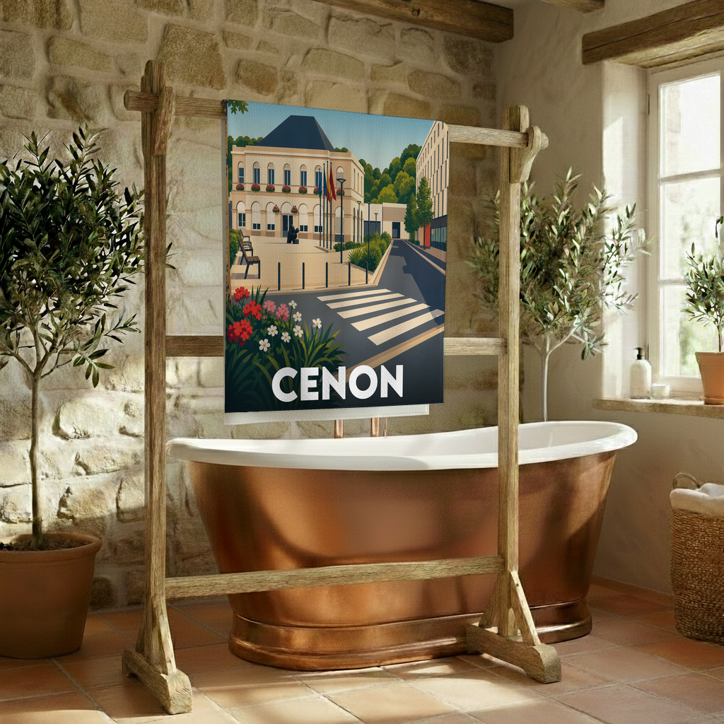 Serviette de bain souvenir de la ville de Cenon avec une illustration stylisée.