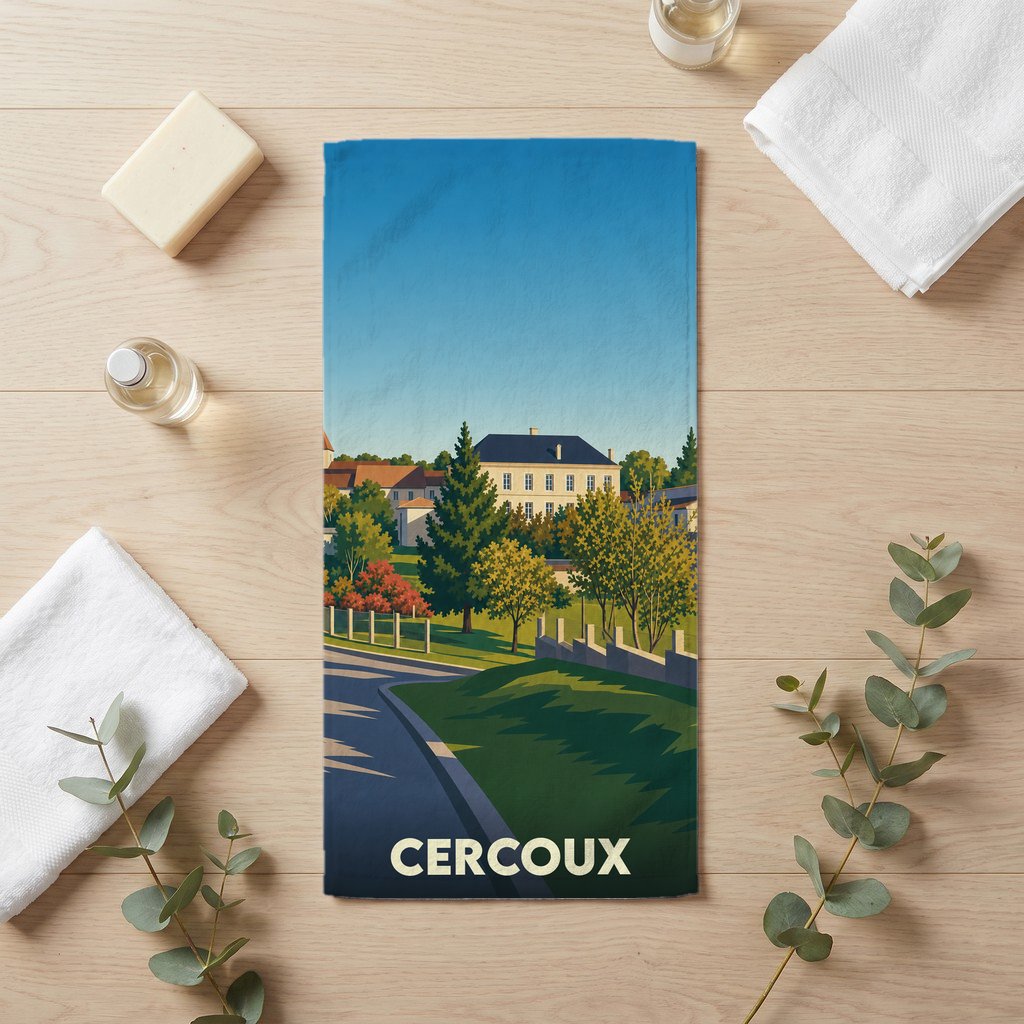 Serviette de bain souvenir de la ville de Cercoux avec une illustration stylisée de son paysage.