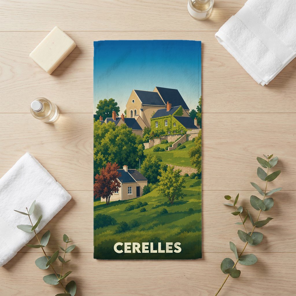 Serviette de bain souvenir de la ville de Cerelles avec une illustration stylisée de son paysage vallonné.