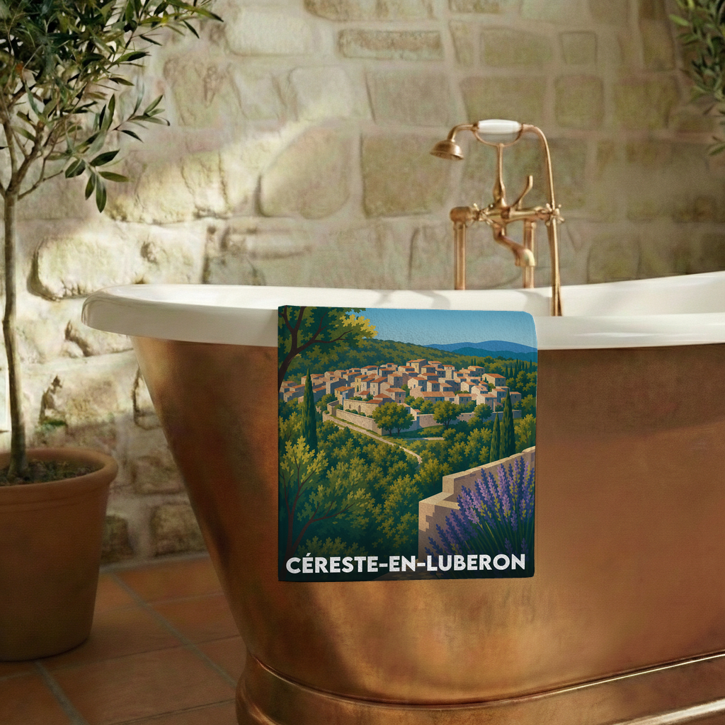 Serviette de bain souvenir de la ville de Céreste-en-Luberon avec une illustration stylisée.