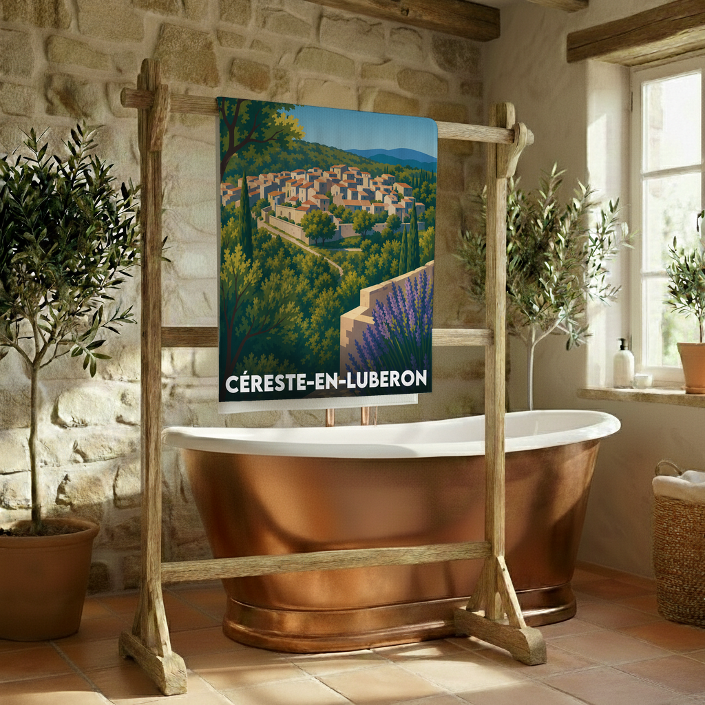 Serviette de bain souvenir de la ville de Céreste-en-Luberon avec une illustration stylisée.