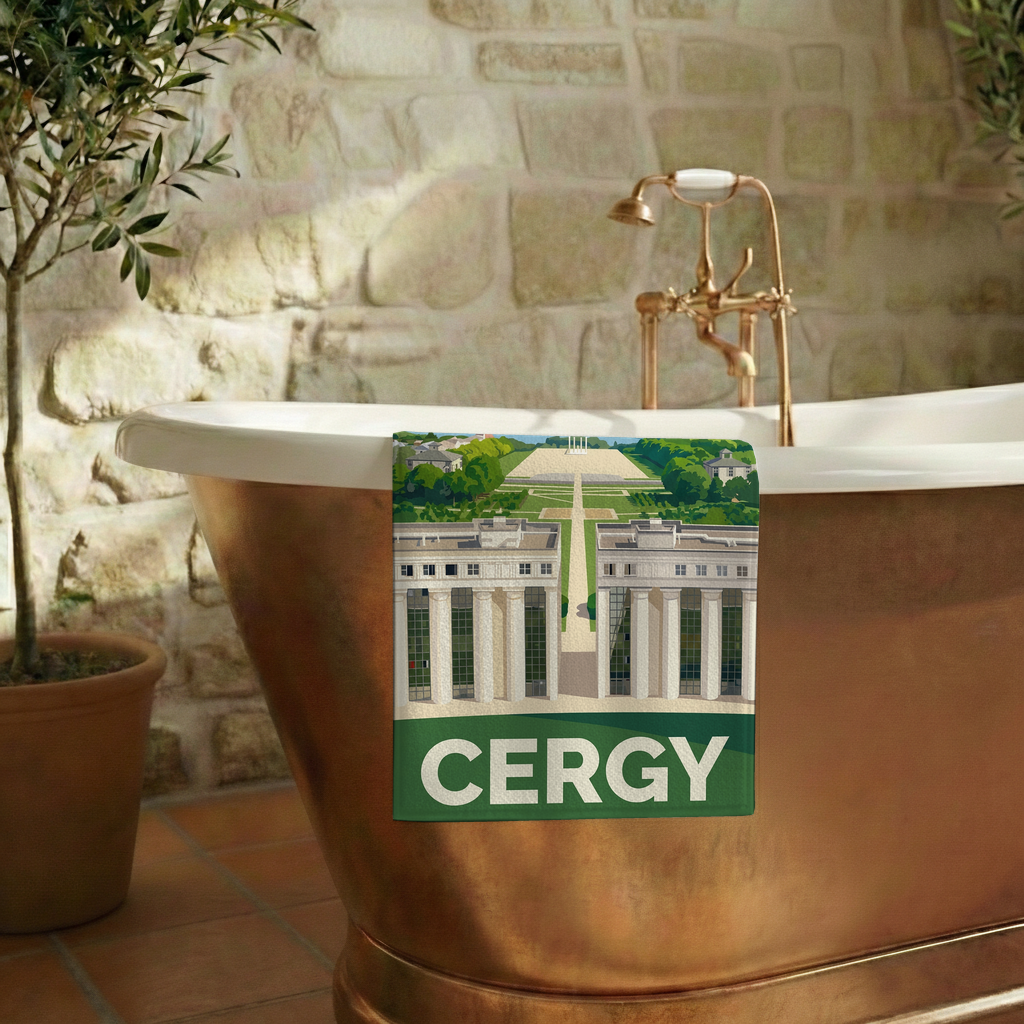 Serviette de bain souvenir de la ville de Cergy avec une illustration stylisée.