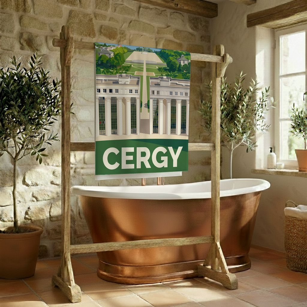 Serviette de bain souvenir de la ville de Cergy avec une illustration stylisée.