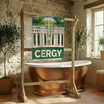 Serviette de bain souvenir de la ville de Cergy avec une illustration stylisée.