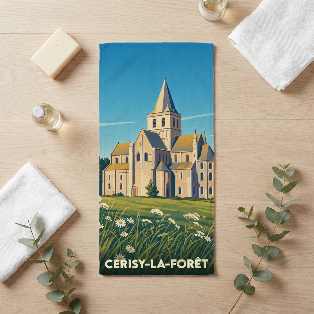 Serviette de bain souvenir de la ville de Cerisy-la-Forêt avec une illustration stylisée de son abbaye.