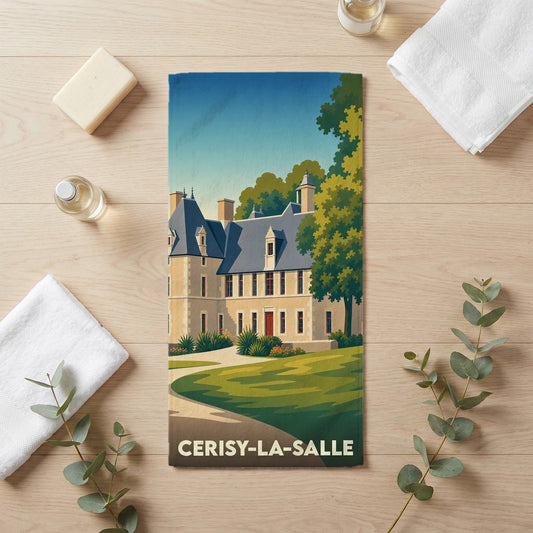 Serviette de bain souvenir de Cerisy-la-Salle illustrée d'un château stylisé.