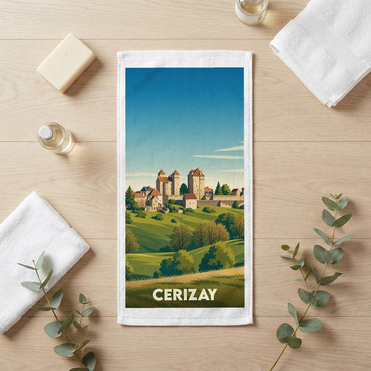 Serviette de bain souvenir de la ville de Cerizay avec une illustration stylisée de son paysage et de ses châteaux.