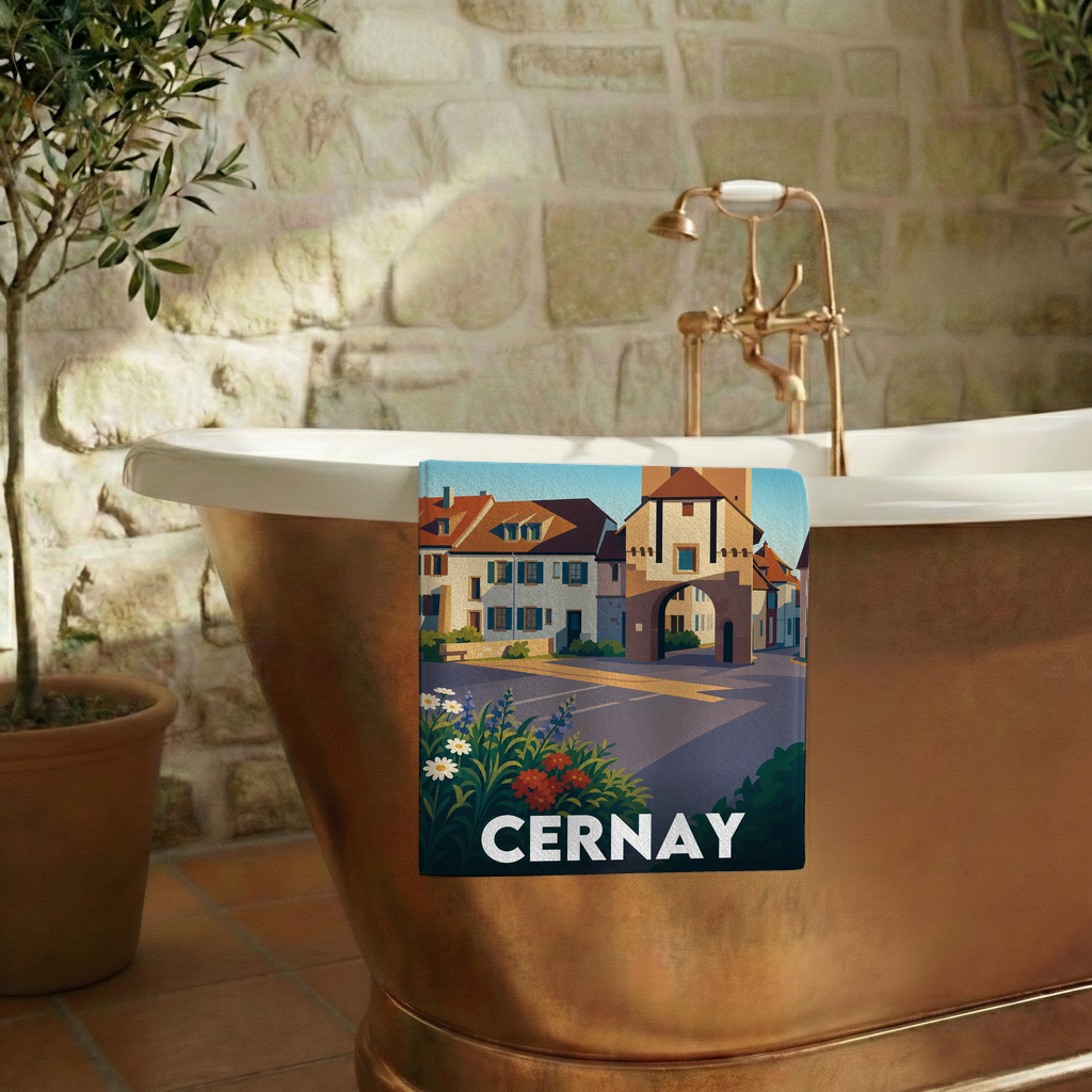 Serviette de bain souvenir de la ville de Cernay avec une illustration stylisée.