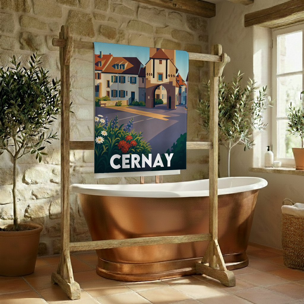 Serviette de bain souvenir de la ville de Cernay avec une illustration stylisée.