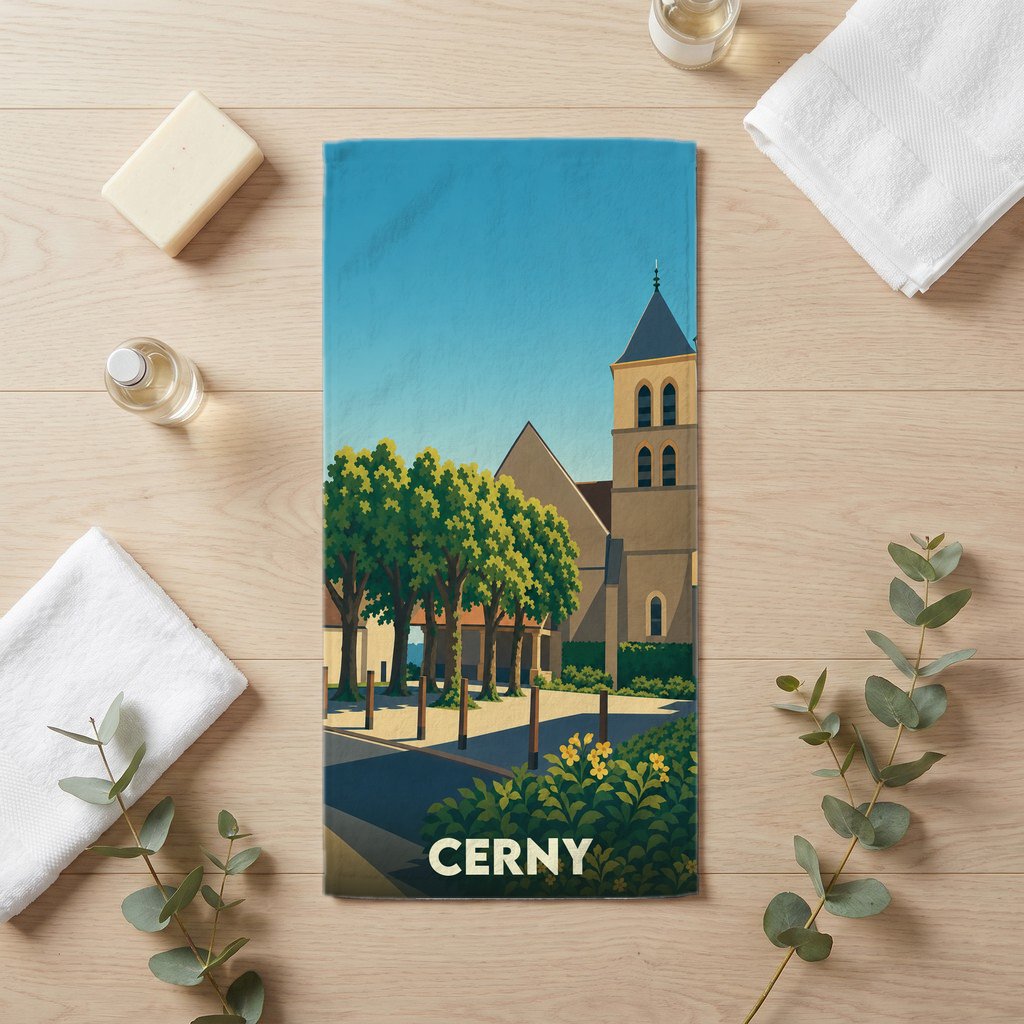 Serviette de bain souvenir de la ville de Cerny avec une illustration stylisée.