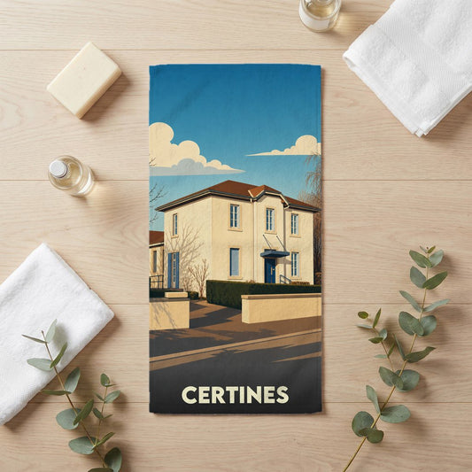 Serviette de bain souvenir de la ville de Certines illustrée d'une villa élégante sous un ciel bleu.