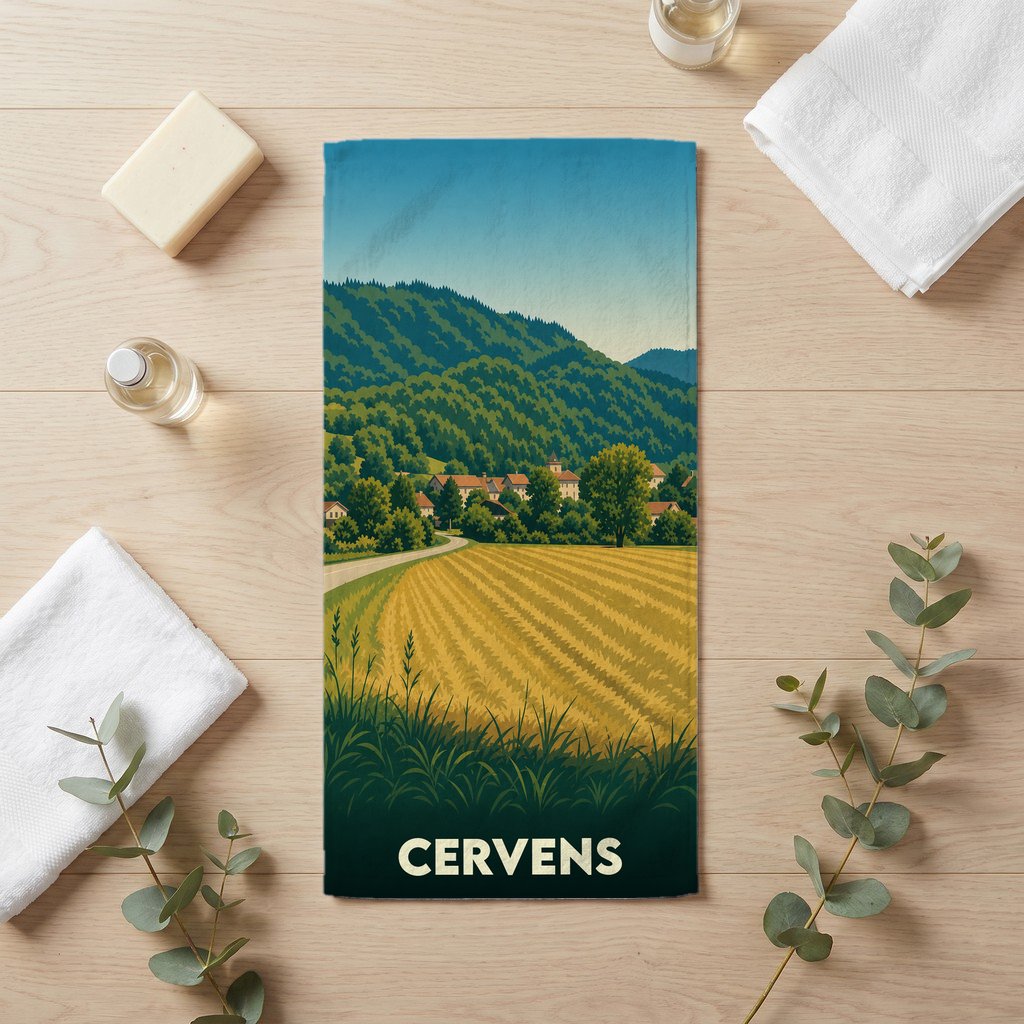 Serviette de bain souvenir de la ville de Cervens avec une illustration de paysage de campagne stylisée.