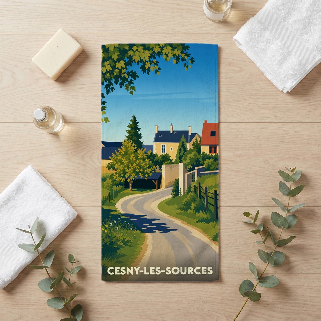 Serviette de bain souvenir de la ville de Cesny-les-Sources avec une illustration stylisée de ses paysages.