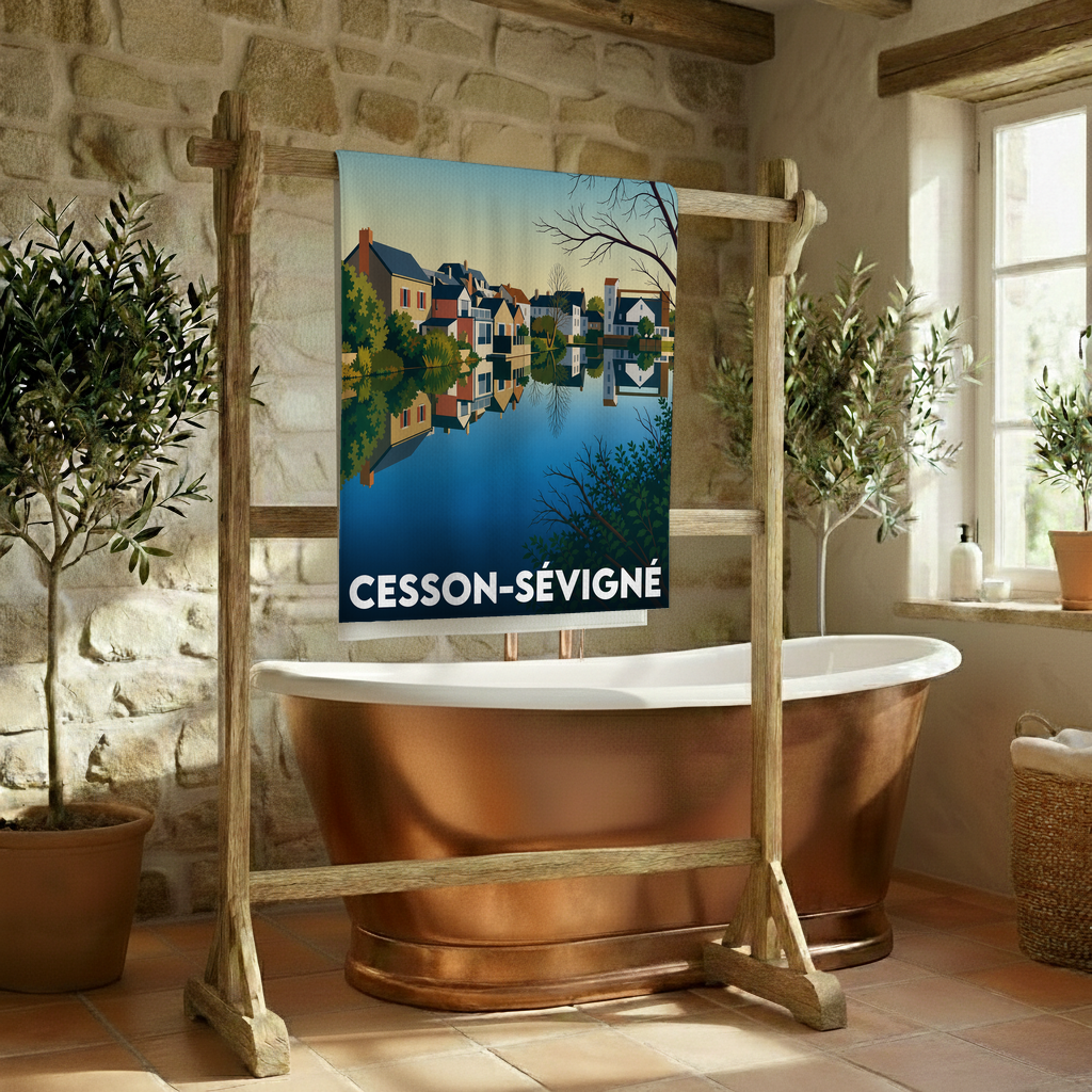 Serviette de bain souvenir de la ville de Cesson-Sévigné avec une illustration stylisée.