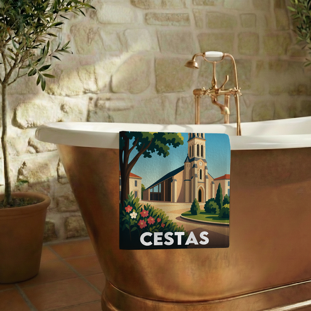 Serviette de bain souvenir de la ville de Cestas avec une illustration stylisée.