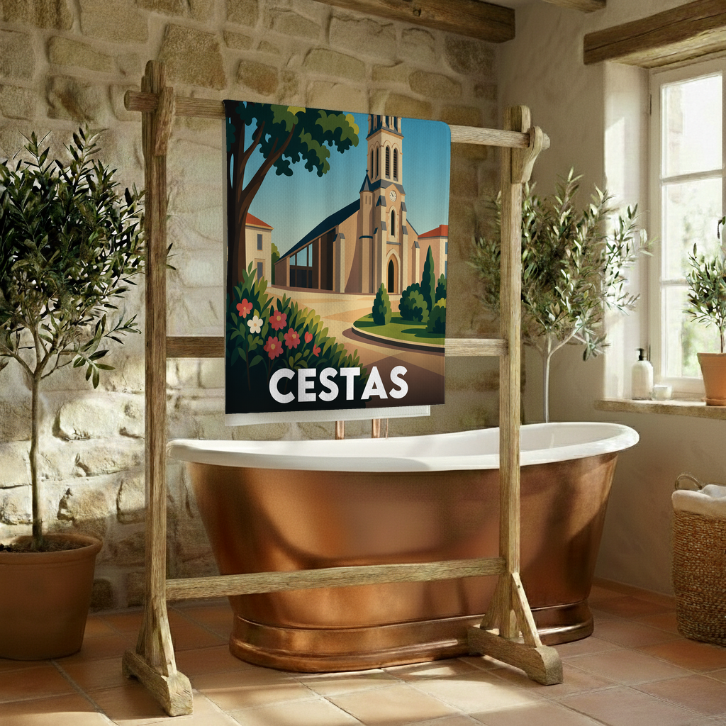 Serviette de bain souvenir de la ville de Cestas avec une illustration stylisée.