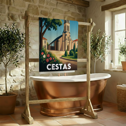 Serviette de bain souvenir de la ville de Cestas avec une illustration stylisée.