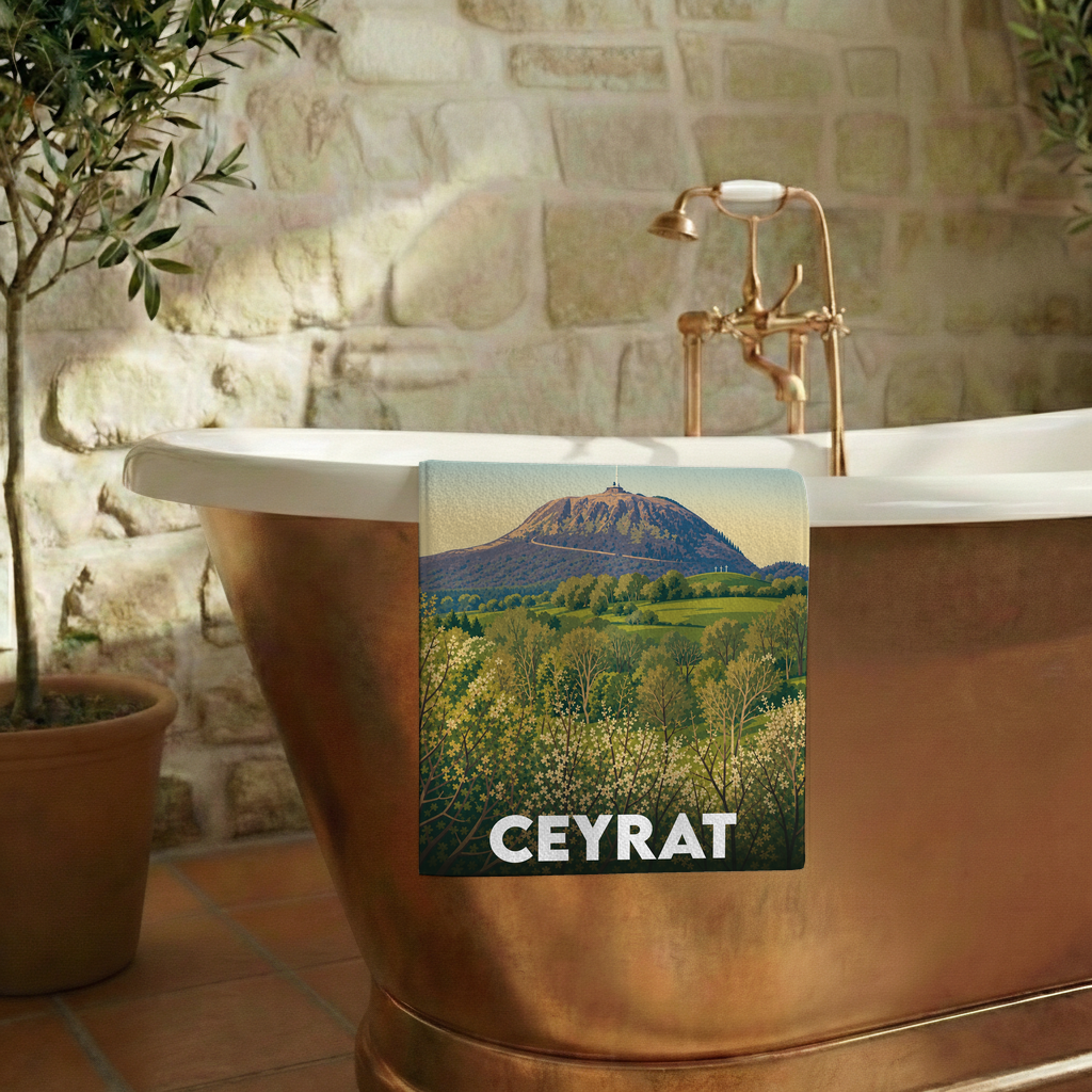 Serviette de bain souvenir de la ville de Ceyrat avec une illustration stylisée.