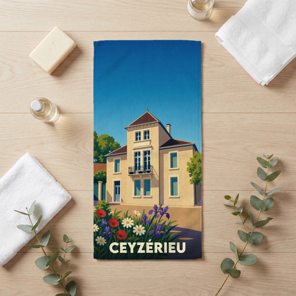 Serviette de bain souvenir de la ville de Ceyzérieu avec une illustration stylisée.