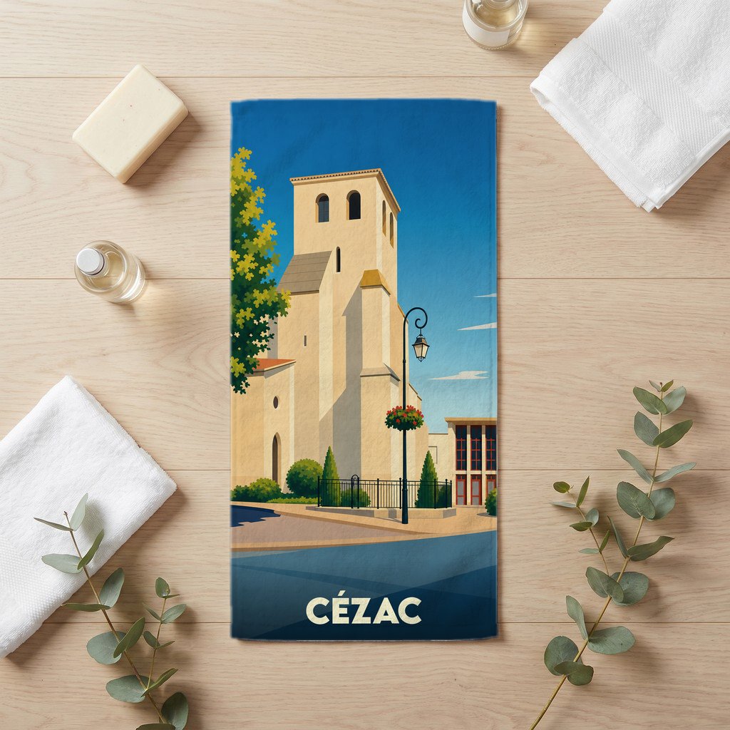 Serviette de bain souvenir de la ville de Cézac avec une illustration stylisée d'une église sous un ciel bleu.