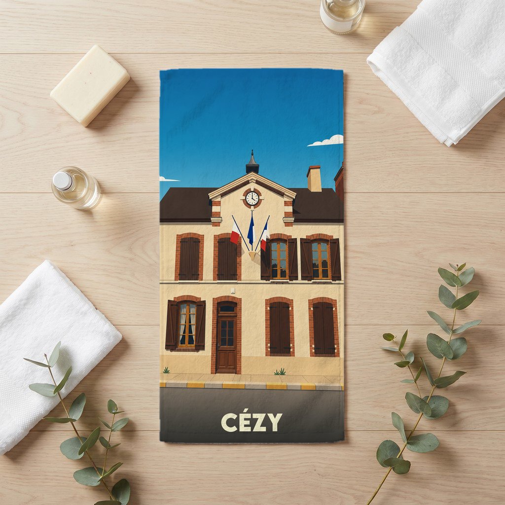 Serviette de bain souvenir de la ville de Cézy avec une illustration stylisée de sa mairie.