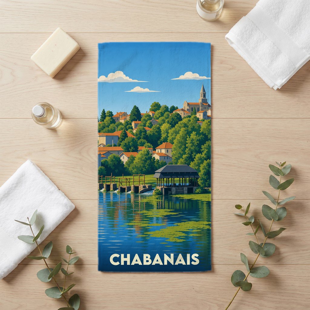 Serviette de bain souvenir de la ville de Chabanais illustrée d'un paysage fluvial stylisé.