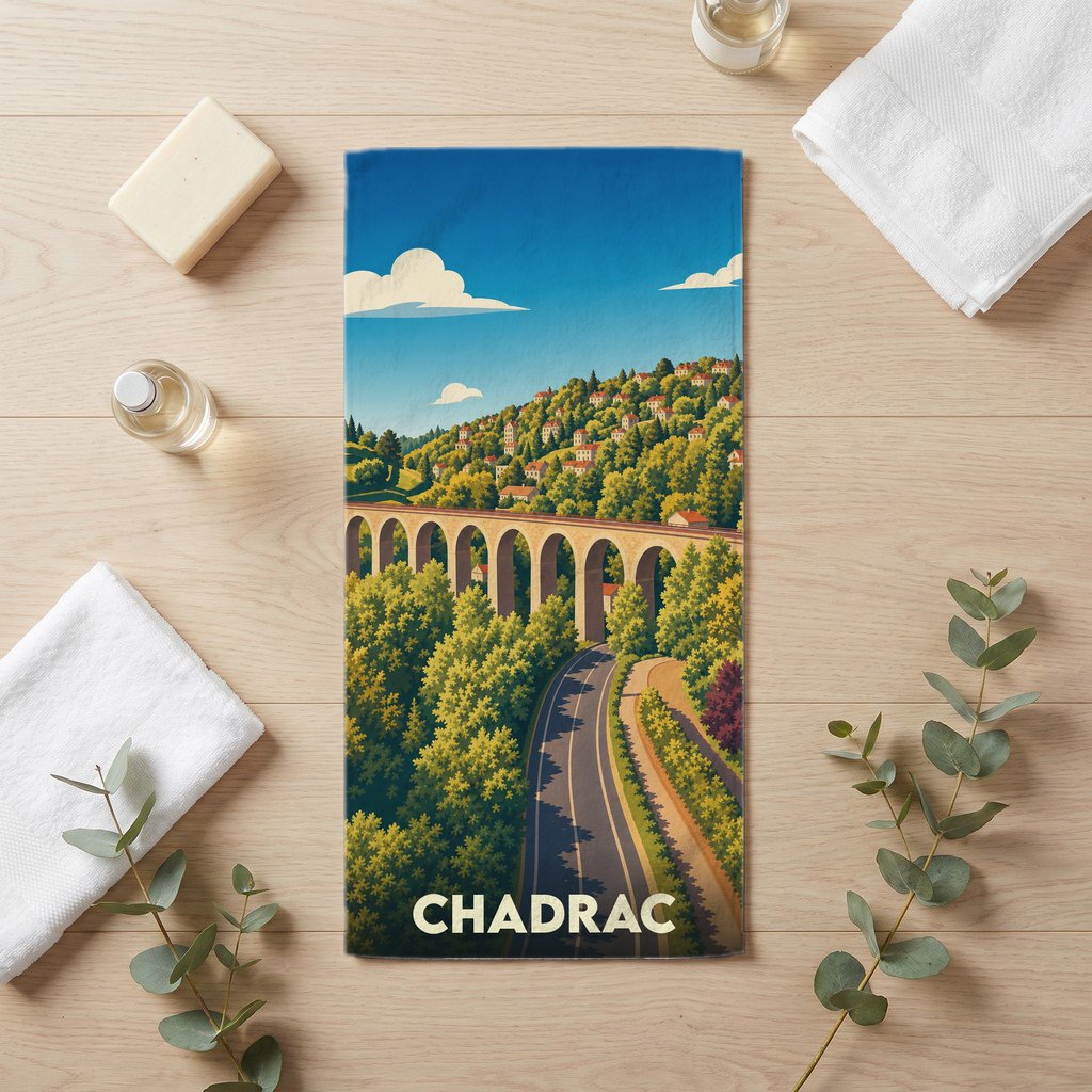Serviette de bain souvenir de la ville de Chadrac avec une illustration stylisée d'un viaduc.
